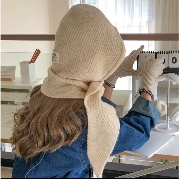 Knitted Winter Balaclava Thickened One-Piece Scarf Cap Hooded Y2K One Size Cream - Picture 5 of 5